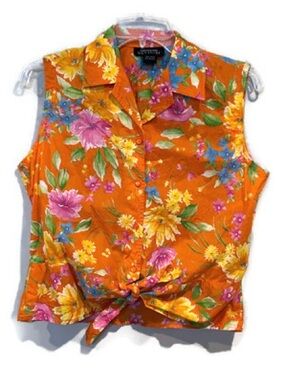 Vintage Jones New York Signature 90s Tropical Floral Tie Front Top Medium
